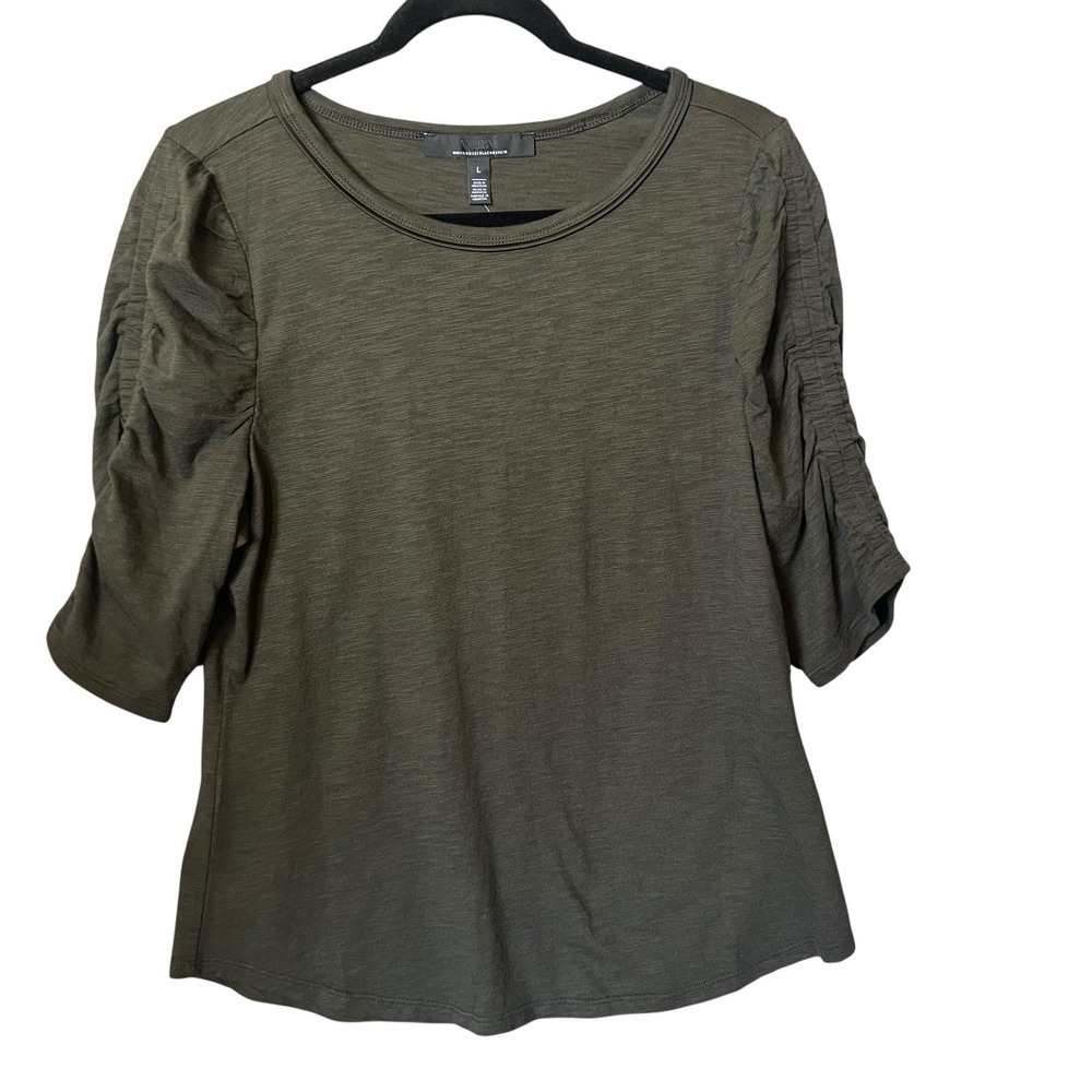 White House Black Market Black Ruched Sleeve Crew Neck Top Size L